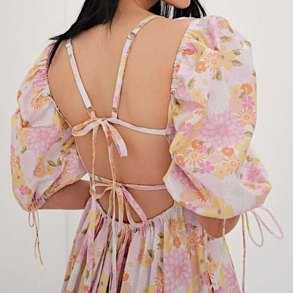 NWT For Love & Lemons Carrie Pink & Yellow Floral Midi Dress Size XXS - Picture 4 of 10